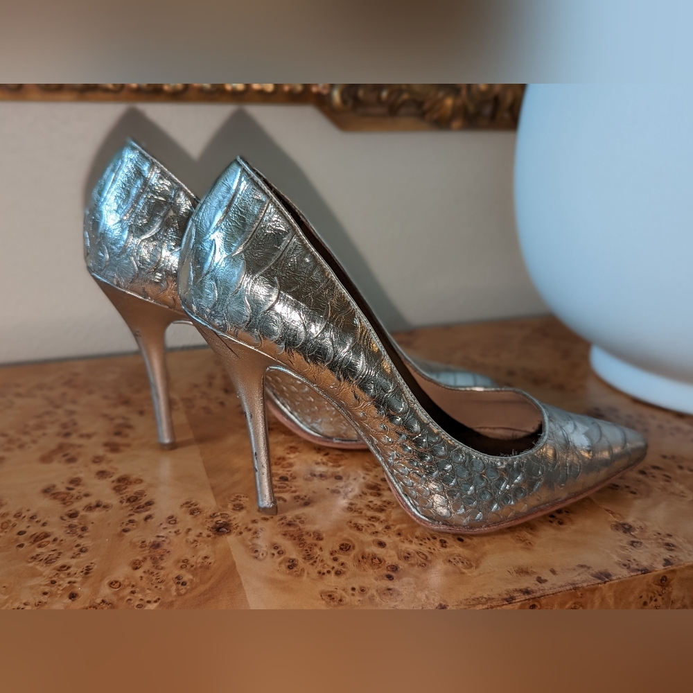 Brian Atwood BFJOELLE Metallic Silver Croc Embossed Leather Heel